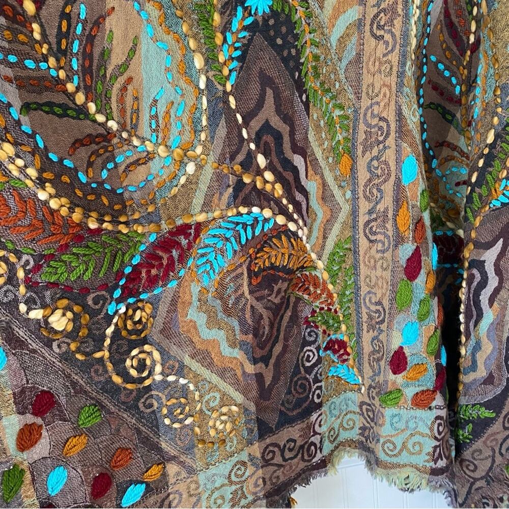 Anu Ariana Wool Brown Embroidered Poncho Cape Shawl One Size - Picture 5 of 9